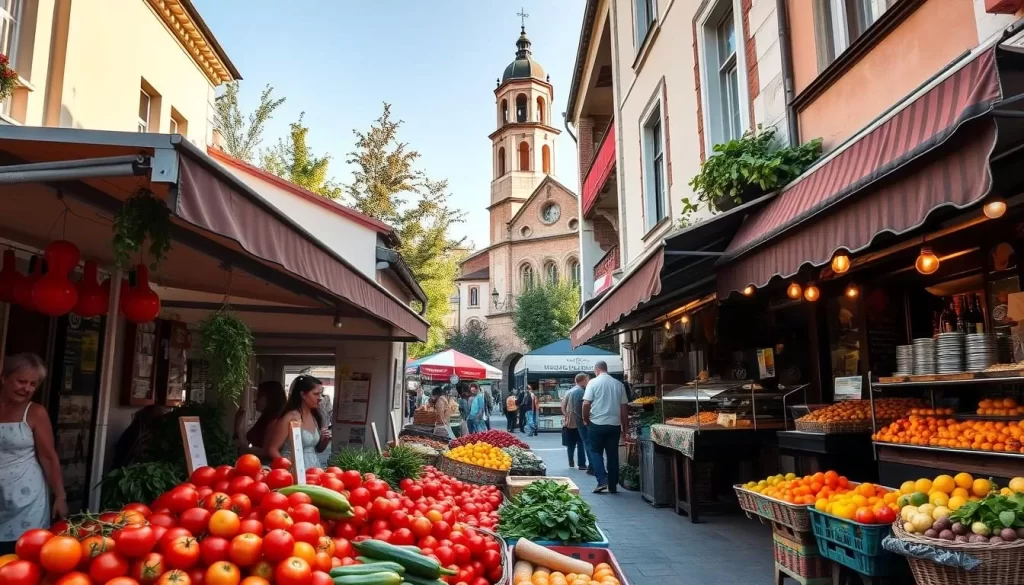 A vibrant street scene in Vranje, Serbia, showcasing the rich food culture of the region. In the foreground, a bustling open-air market stalls display an array of fresh produce, including ripe tomatoes, fragrant herbs, and locally-grown fruits. In the middle ground, a family-owned restaurant with a traditional Serbian facade beckons passersby, the aroma of sizzling meats and baking bread wafting through the air. In the background, the iconic bell tower of a historic Orthodox church rises, casting a warm glow over the scene. Soft natural lighting illuminates the lively atmosphere, capturing the vibrant energy and authentic charm of Vranje's culinary heritage.