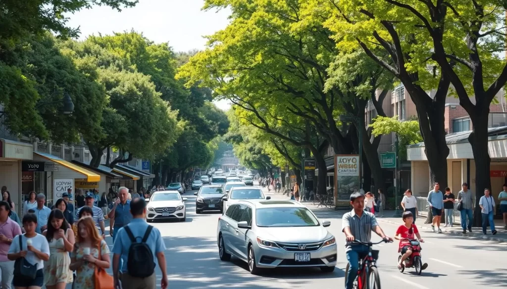 A vibrant street scene in Yoyogi Park, Tokyo, on a bright, sunny day. The wide tree-lined avenue is bustling with pedestrians strolling by charming shops and cafes. In the foreground, people of all ages meander along the sidewalk, some window shopping, others enjoying ice cream cones. In the middle ground, sleek automobiles and bicycles weave through the traffic. The background is framed by the lush green canopy of mature trees, their leaves gently rustling in the warm breeze. The lighting is natural and diffused, creating a warm, inviting atmosphere. Capture this dynamic, picturesque scene of one of Tokyo's most popular urban oases.