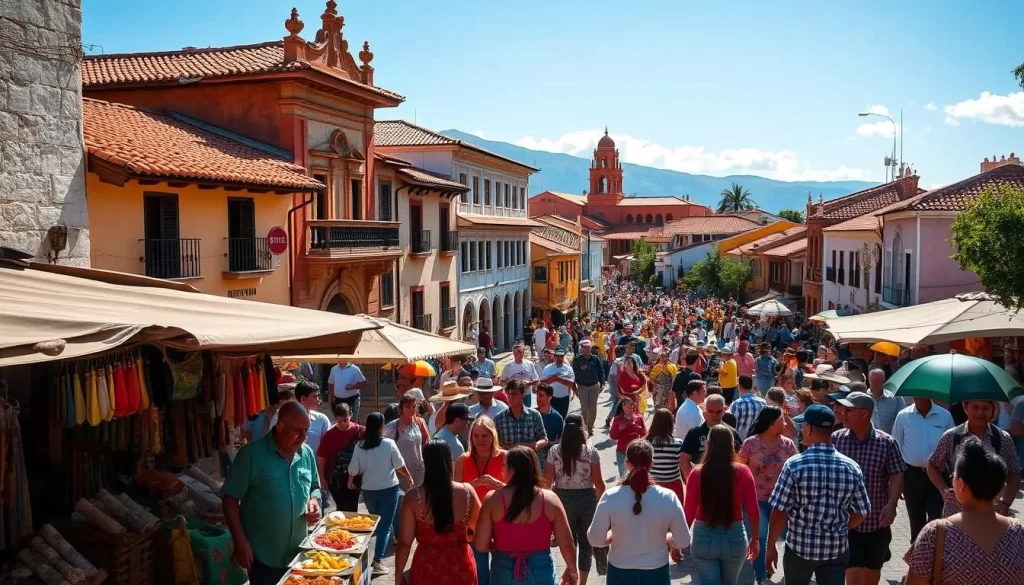 A vibrant street scene in a colorful Salvadoran town, bustling with people celebrating a traditional festival. In the foreground, vendors sell handcrafted wares and local delicacies under the warm, golden sunlight. In the middle ground, a lively parade with musicians, dancers, and colorful costumes weaves through the streets. In the background, colonial-style buildings with intricate facades and terracotta roofs create a charming, historic atmosphere. The scene is filled with a sense of joyous community, showcasing the rich cultural heritage and festive spirit of El Salvador.