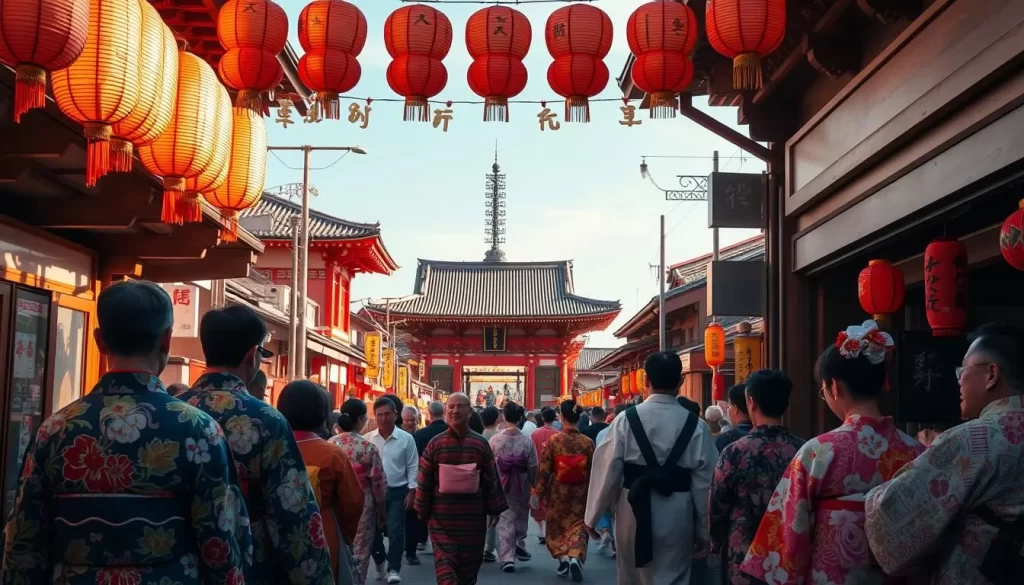 A vibrant street scene in a traditional Japanese festival, showcasing the intricate and colorful attire of the attendees. In the foreground, a group of men and women adorned in ornate kimonos, yukata, and happi coats, their vibrant patterns and elegant obi sashes shimmering in the soft, golden sunlight. In the middle ground, a lively crowd weaves through the narrow streets, lanterns and decorative banners hanging overhead, casting a warm, festive glow. In the background, the iconic architecture of a Shinto shrine or temple, its intricate details and vermilion-lacquered structures standing tall against a clear, azure sky. The overall atmosphere is one of joyous celebration, immersing the viewer in the rich cultural traditions of a Japanese festival.
