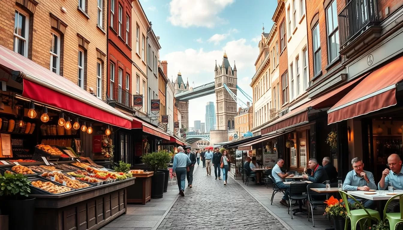 A vibrant street scene in central London, showcasing the city's diverse culinary offerings. In the foreground, a bustling open-air market stall displays an array of fresh produce, spices, and artisanal baked goods. Farther back, the facades of several local restaurants and cafes line the cobblestone streets, their outdoor seating areas filled with diners enjoying plates of traditional British fare and international cuisines. The mid-ground is bathed in warm, natural lighting, casting a cozy glow over the bustling scene. In the background, the iconic landmarks of London's skyline, including the Tower Bridge and Big Ben, provide a picturesque backdrop to this vibrant representation of the city's acclaimed local-cuisine restaurants.