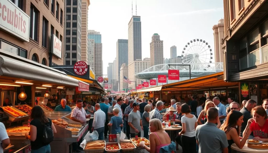 A vibrant street scene in downtown Chicago, showcasing the city's rich culinary heritage. In the foreground, a bustling open-air market filled with vendors hawking an array of mouthwatering street food: sizzling hot dogs, steaming deep-dish pizza, glistening Italian beef sandwiches, and savory gyros. In the middle ground, people of diverse backgrounds gather around tables, enjoying their flavorful meals against a backdrop of iconic Windy City architecture. The scene is bathed in warm, golden afternoon light, creating a lively, inviting atmosphere. In the distance, the towering skyline of skyscrapers and the iconic Ferris wheel of Navy Pier stand as symbols of Chicago's vibrant culture and history.