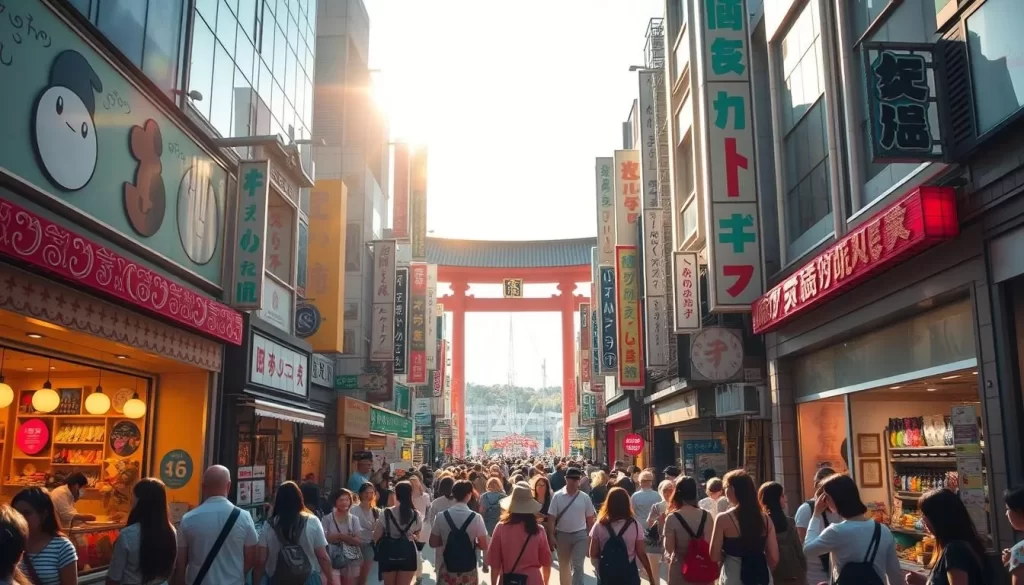 A vibrant street scene in the heart of Harajuku, Tokyo. Sunlight filters through the colorful storefronts and crowds of fashion-forward pedestrians. Boutiques with whimsical window displays, trendy cafes, and street performers create a lively, youthful atmosphere. In the middle distance, a Shinto shrine stands as a serene contrast. Capture the energy and unique style of this iconic neighborhood, with a wide angle lens to showcase the bustling activity. Convey the sense of discovery and excitement that draws visitors to explore Harajuku's eclectic charms.