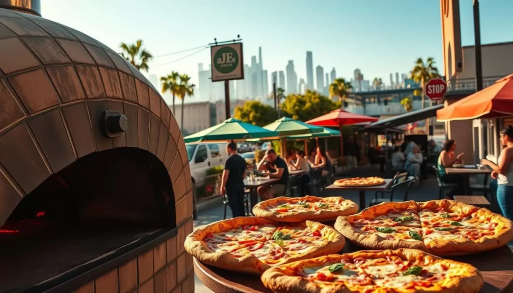 A vibrant street scene in the heart of Los Angeles, capturing the diverse pizza styles that define the city's culinary landscape. In the foreground, an artisanal wood-fired oven churns out perfectly charred Neapolitan-style pies, their thin crusts and bubbling cheese glistening in the warm, golden sunlight. In the middle ground, a bustling outdoor dining area with colorful umbrellas and lively chatter, where locals and tourists alike savor the city's renowned Californian-style pizzas, topped with fresh, locally-sourced ingredients. In the background, the iconic skyline of Los Angeles rises, a testament to the city's vibrant energy and diverse flavors. The scene conveys a sense of relaxed and inviting atmosphere, capturing the essence of what makes Los Angeles pizza so special.