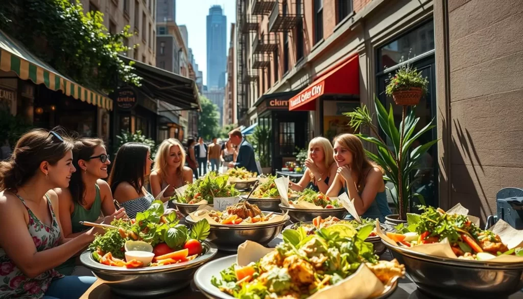 A vibrant street scene in the heart of New York City, showcasing the diverse and thriving vegan food scene. In the foreground, a group of people enjoy a delectable array of plant-based dishes at an outdoor cafe, basking in the warm sunlight. Behind them, a bustling sidewalk lined with lush greenery and charming storefronts, with a hint of the iconic skyscrapers in the distance. The atmosphere is warm and inviting, with a focus on the vibrant colors and textures of the vegan fare. A wide-angle lens captures the energy and vitality of this vegan-friendly urban oasis.
