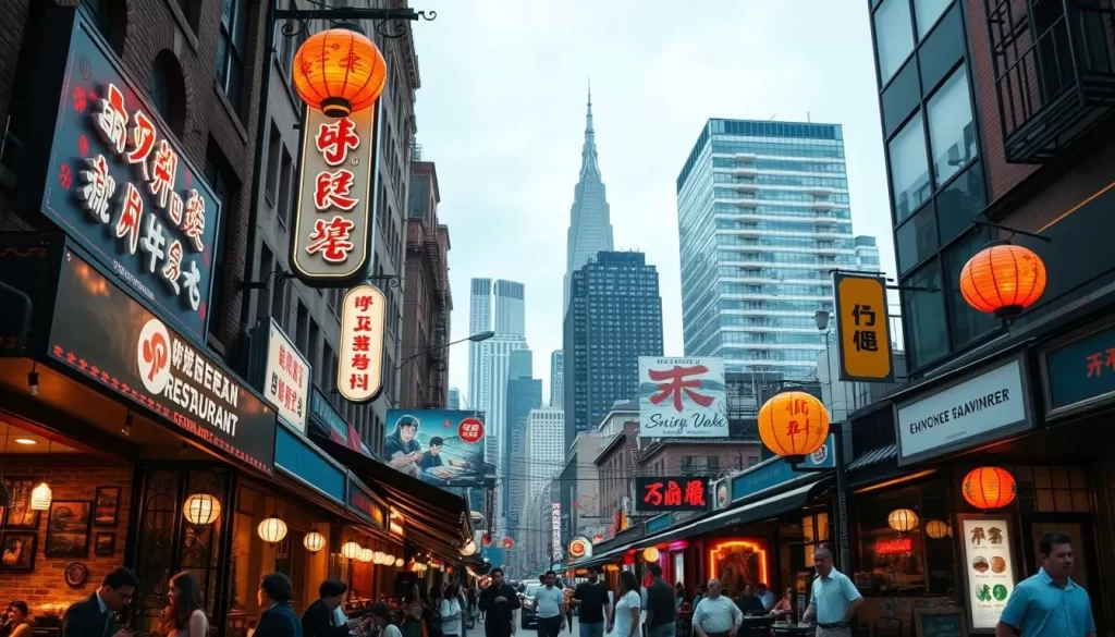 A vibrant street scene in the heart of New York City, showcasing the diverse range of acclaimed Korean restaurants. In the foreground, people dine alfresco at cozy eateries, the aroma of sizzling barbecue and fragrant kimchi wafting through the air. Elegant neon signs and traditional lanterns illuminate the middle ground, providing a warm glow to the bustling sidewalks. In the background, the iconic skyscrapers of Manhattan's skyline stand tall, creating a dynamic contrast between the urban landscape and the intimate, community-driven Korean dining experience. Capture the energy, the flavors, and the cultural richness that make these Korean restaurants true gems of the New York culinary scene.