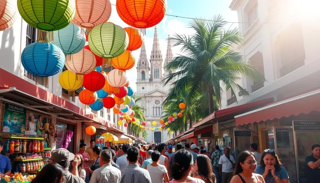 A vibrant street scene in the heart of Panama, brimming with the energy of local festivals. Colorful paper lanterns sway gently overhead, casting a warm glow on the crowds below. Vendors hawk their wares, from traditional crafts to delectable street food, while musicians fill the air with the rhythmic sounds of salsa and cumbia. In the distance, a towering cathedral stands as a testament to the country's rich cultural heritage. The sun-dappled scene is alive with laughter, music, and the joyful celebration of Panama's diverse festival seasons.