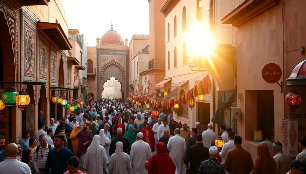 A vibrant street scene in the heart of a Moroccan city, bustling with Eid al-Fitr celebrations. In the foreground, crowds of people in traditional robes and djellabas move through the winding alleyways, carrying colorful lanterns and exchanging joyful greetings. The middle ground features ornate Moorish architecture, with intricately tiled facades and ornate archways framing the festivities. In the background, the warm glow of the sun illuminates the scene, casting a golden hue over the celebrations. The atmosphere is one of festivity, community, and deep spiritual reverence, capturing the essence of this important Islamic holiday.