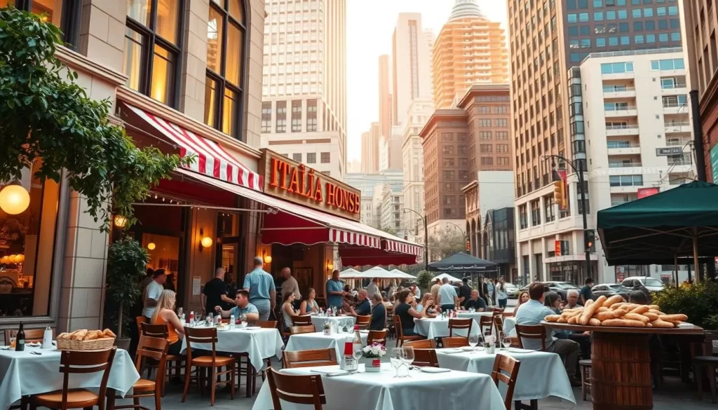 A vibrant street scene in the heart of downtown Los Angeles, showcasing the rich history of Italian cuisine. In the foreground, a bustling outdoor cafe with white tableccloths and wooden chairs, the aroma of fresh-baked bread and simmering pasta wafting through the air. In the middle ground, a classic Italian restaurant with a distinctive red-and-white awning, its windows alive with the chatter of diners savoring hearty dishes. The background features the iconic architecture of the city, a mix of modern skyscrapers and historic buildings, bathed in warm, golden sunlight that creates a welcoming, almost nostalgic atmosphere. The scene captures the vibrant energy and culinary tradition that have made Italian cuisine an integral part of the Los Angeles dining experience.