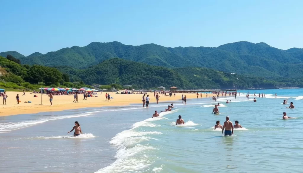 A vibrant summer day at a scenic Japanese beach in Toyama Prefecture. In the foreground, people frolic in the gentle waves, basking in the warm sun. Volleyball players spike the ball on a nearby court, while others enjoy leisurely strolls along the golden sand. The middle ground features colorful umbrellas and beach towels dotting the landscape, creating a lively atmosphere. In the background, verdant hills and mountains rise, framing the tranquil scene. The lighting is soft and natural, capturing the essence of a perfect summer day. The overall mood is one of relaxation, adventure, and the joy of being outdoors.