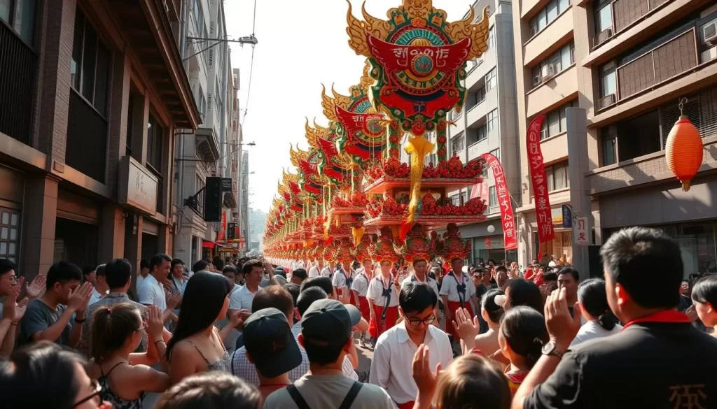 A vibrant summer day in Hakata, Fukuoka, Japan, as the iconic Hakata Gion Yamakasa Festival reaches its climax. Crowds line the streets, eagerly awaiting the arrival of the massive, elaborately decorated floats carried by teams of energetic men in traditional attire. The sun casts a warm glow over the scene, illuminating the intricate carvings and vibrant colors of the festival's emblems. In the foreground, joyful onlookers cheer and clap, immersed in the lively atmosphere. In the middle ground, the towering floats, each uniquely designed, are borne aloft by the coordinated efforts of the participants. The background features the historic buildings and narrow streets of Hakata, creating a picturesque setting for this time-honored summer celebration.
