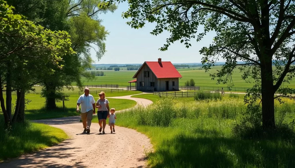 A vibrant summer day in a rural Manitoba landscape. In the foreground, a family of four strolls along a winding dirt path, dappled sunlight filtering through the surrounding trees. In the middle ground, a quaint farmhouse stands, its weathered wood and bright red roof framed by lush green fields. In the distance, rolling hills dotted with wildflowers stretch out, a hazy blue sky overhead. The scene exudes a sense of tranquility and adventure, inviting the viewer to explore the beautiful Manitoba countryside on a perfect day trip.