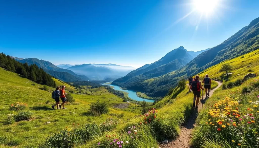 A vibrant summer day in the stunning Yamanashi countryside. A group of adventurous hikers traverse a lush, verdant trail, surrounded by towering peaks and a sparkling azure sky. In the foreground, sunlit meadows burst with colorful wildflowers, inviting exploration. The middle ground features a winding river, its crystalline waters reflecting the mountainous landscape. Distant summits, shrouded in a soft, hazy glow, create a sense of depth and tranquility. Warm, diffused lighting casts a golden hue, evoking the warmth of the season. Captured through a wide-angle lens, the scene conveys the spirit of summer adventures in this picturesque Japanese prefecture.
