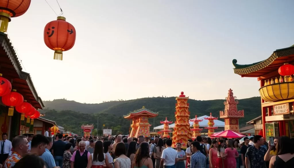 A vibrant summer festival in Akita, Japan, unfolds with colorful lanterns and traditional dancers swaying to lively music. In the foreground, crowds gather around food stalls offering local delicacies, while children play traditional games. The middle ground showcases ornate festival floats, their intricate designs illuminated by the warm, golden light of the setting sun. In the background, lush green hills and a cloudless sky create a serene, idyllic atmosphere, evoking the tranquility of the Akita countryside. The scene radiates the energy and joy of a community celebrating the bountiful summer season.