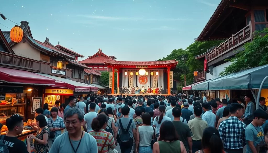 A vibrant summer festival in Fukuoka, Japan on a balmy evening. In the foreground, crowds weave through stalls selling traditional street food and handcrafted trinkets, their laughter and chatter filling the air. In the middle ground, a grand stage hosts a mesmerizing performance of rhythmic taiko drums and colorful dancers, their movements illuminated by warm lantern light. In the background, iconic Japanese architecture and lush greenery set the scene, with a clear sky dotted with stars overhead. The atmosphere is lively, celebratory, and quintessentially summer in Fukuoka.