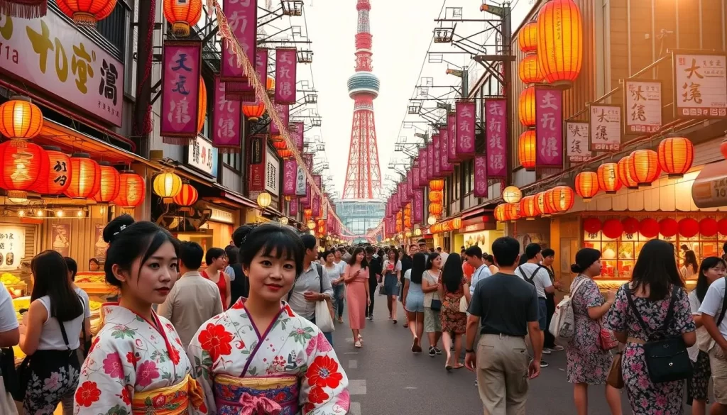 A vibrant summer festival in Kōtō-ku, Tokyo, Japan. Colorful lanterns and streamers adorn the streets, as locals and visitors alike gather to enjoy traditional food stalls, lively music, and energetic dance performances. In the foreground, a group of kimono-clad women pose for a photograph, their intricate patterns and delicate makeup creating a captivating scene. In the middle ground, a throng of people meander through the bustling festival, taking in the sights and sounds of the celebration. In the background, the iconic Tokyo Skytree towers over the festivities, casting a warm glow on the lively event. The scene is bathed in soft, golden light, creating a serene and inviting atmosphere that captures the essence of a summer festival in Kōtō-ku.