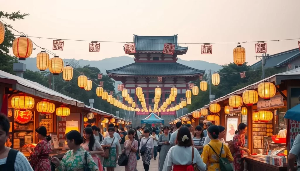 A vibrant summer festival in Saitama, Japan. In the foreground, people in colorful traditional garments browse stalls selling delectable street food and handcrafted goods. Lively music and laughter fill the air. In the middle ground, rows of lit paper lanterns sway gently, casting a warm glow over the scene. The background features a historic shrine or temple, its elegant architecture providing a striking contrast to the festive atmosphere. Soft, diffused lighting bathes the entire landscape, creating a magical, tranquil ambiance that evokes the essence of a Saitama summer celebration.