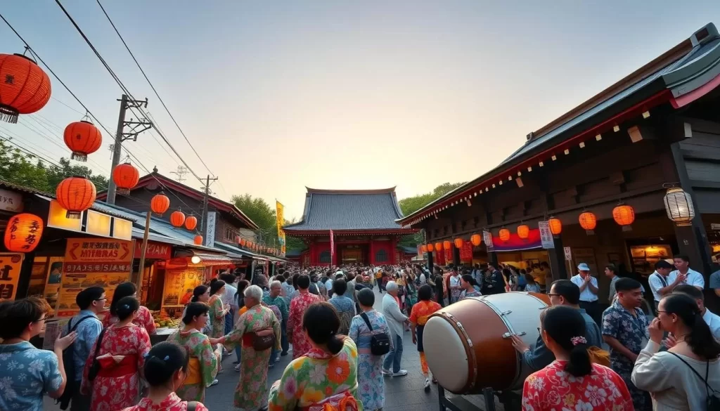 A vibrant summer festival in Saitama Prefecture, Japan. The foreground features colorful yukata-clad revelers, lanterns, and stalls selling traditional street food. In the middle ground, a lively taiko drum performance captivates the crowd. The background showcases the iconic architecture of a Shinto shrine, bathed in the warm glow of the setting sun. The scene is imbued with a sense of joy, community, and timeless Japanese culture. Capture this picturesque moment with a wide-angle lens, accentuating the bustling atmosphere and the harmonious blend of modernity and tradition.