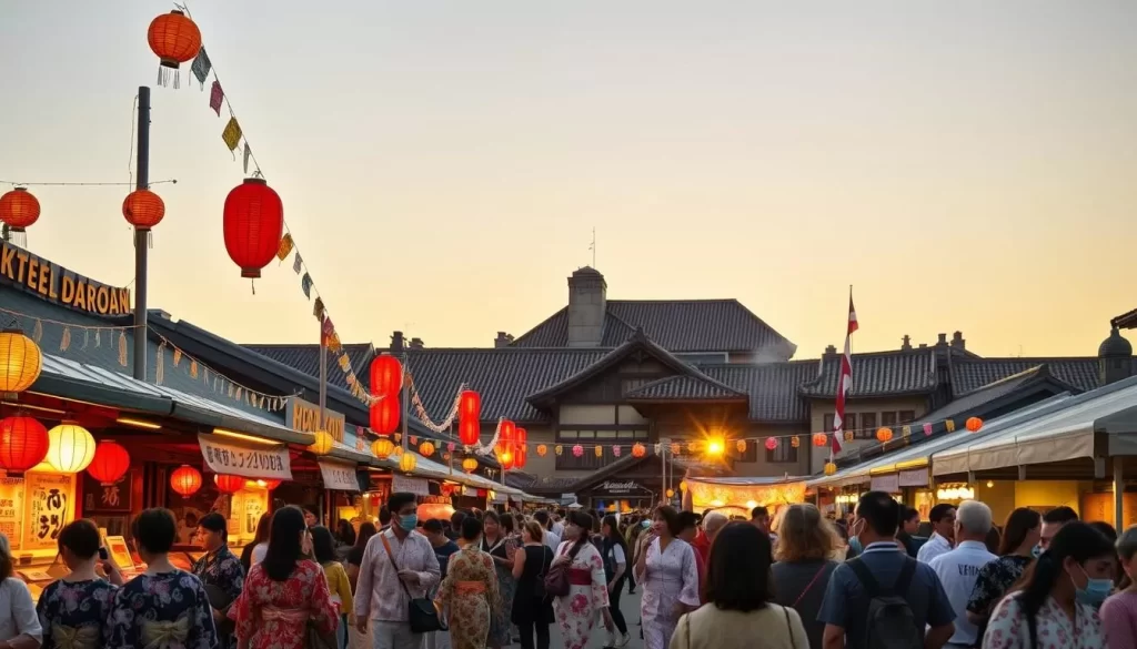 A vibrant summer festival in a lively Japanese town, with colorful lanterns and streamers adorning the streets. In the foreground, people in traditional yukata stroll past lively food stalls, the air filled with the aroma of takoyaki and yakisoba. In the middle ground, a taiko drum performance energizes the crowd, their rhythmic beats echoing through the scene. In the background, the iconic tiled roofs of historic buildings provide a timeless backdrop, while the warm, golden light of the setting sun casts a soft glow over the entire setting, creating a welcoming and festive atmosphere.