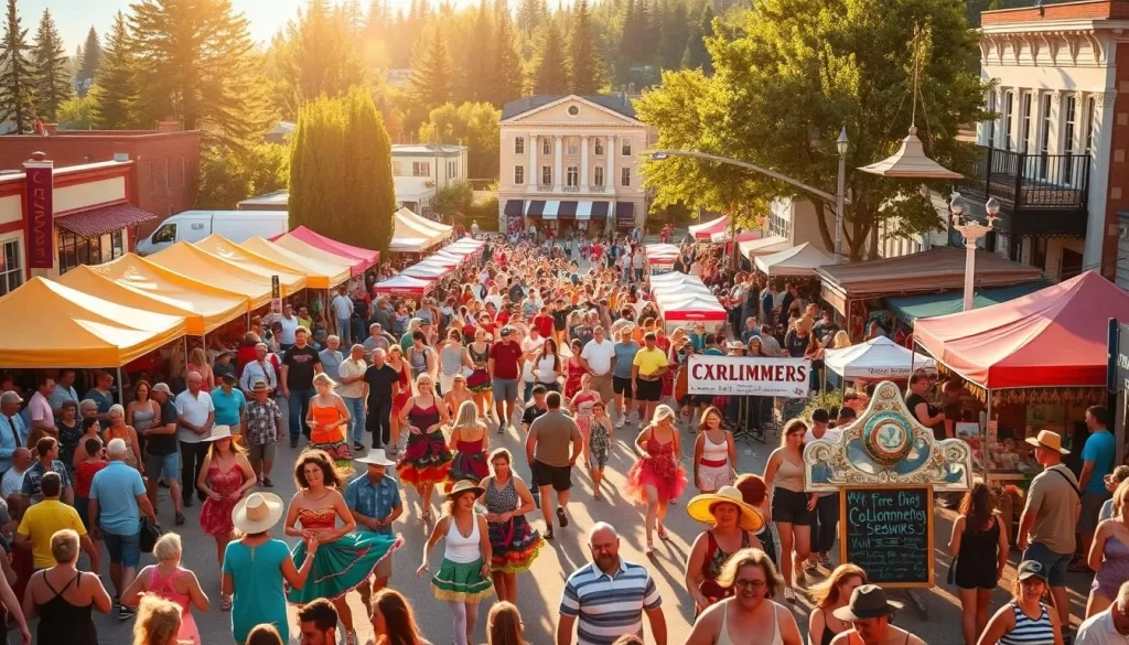 A vibrant summer festival in a picturesque Alberta town, bathed in warm golden sunlight. In the foreground, a colorful parade of dancers and musicians weaves through the bustling crowd, their vibrant costumes and lively movements capturing the joyous spirit of the occasion. In the middle ground, rows of festive booths offer an array of local crafts, foods, and live music, surrounded by a backdrop of historic buildings and mature trees. The overall scene conveys a sense of community, tradition, and the embracing of the long, glorious summer days that characterize Alberta during this time of year.