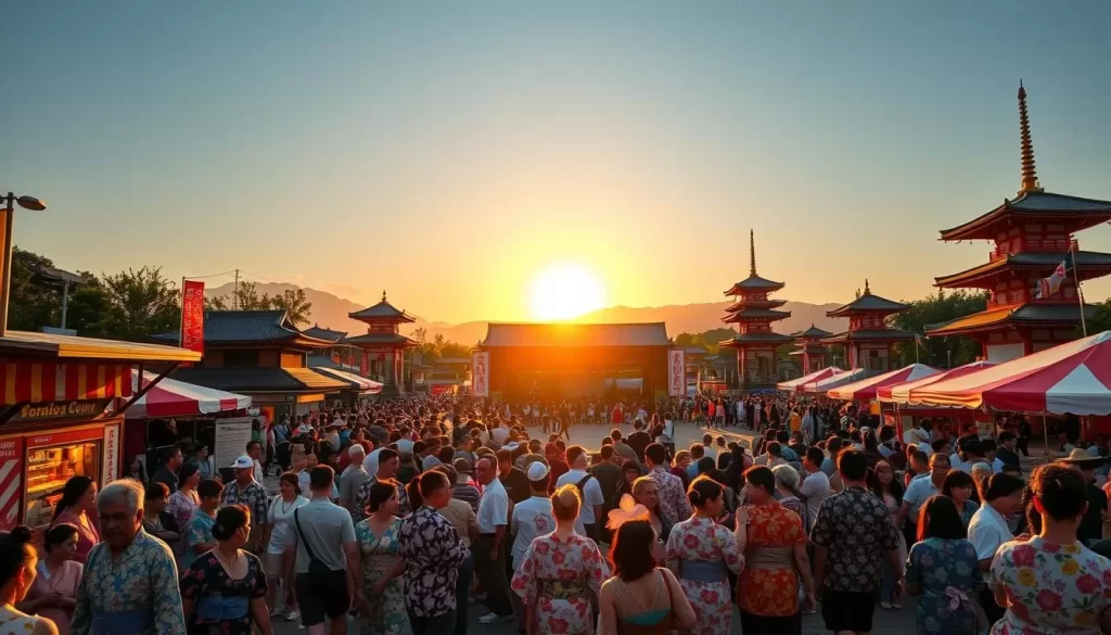 A vibrant summer festival scene in Gunma Prefecture, Japan. The foreground features a lively crowd dressed in colorful yukata, strolling amidst lively food stalls and traditional game booths. In the middle ground, a large stage showcases a spirited taiko drum performance, with dancers in elegant costumes moving to the rhythmic beats. The background is bathed in a warm, golden glow from the setting sun, illuminating the iconic shrines and pagodas that dot the landscape. The atmosphere is one of joy, community, and cultural celebration, capturing the essence of a quintessential Japanese summer adventure.