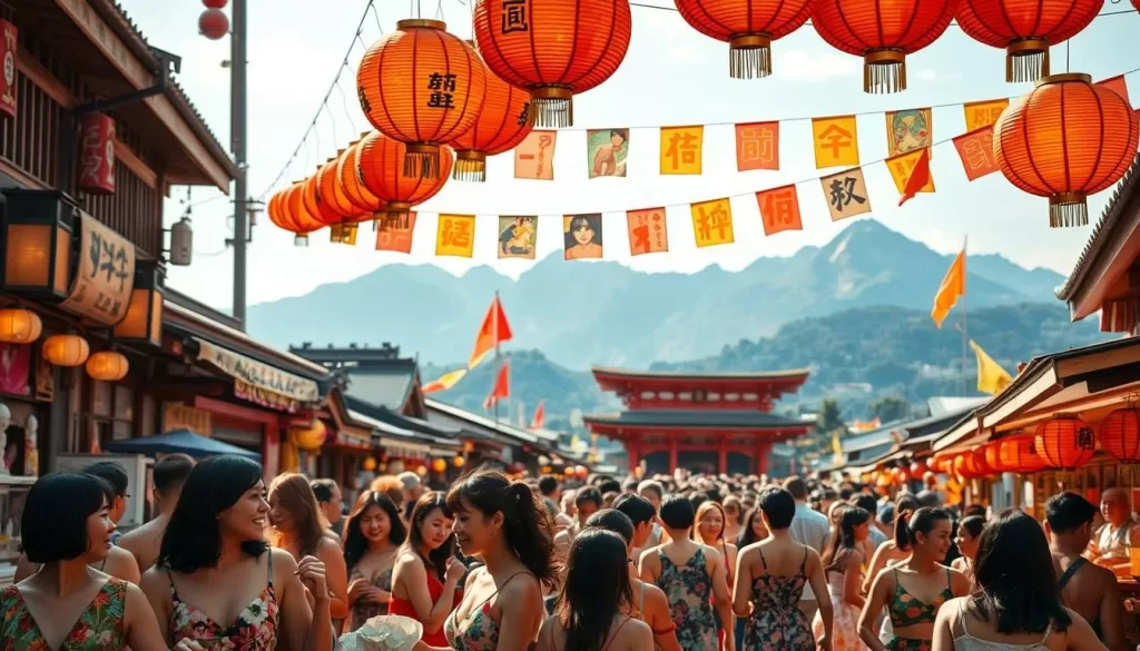 A vibrant summer festival unfolds in the historic Hyōgo Prefecture, Japan. In the foreground, colorfully dressed revelers dance and weave through lively food stalls, their faces aglow with joy. The middle ground reveals traditional lanterns and flags adorning the streets, casting a warm, golden light. In the background, majestic mountains and shrines stand as timeless guardians, creating a serene contrast to the festive atmosphere. The scene is bathed in a soft, diffused natural light, capturing the balance of heat, humidity, and the celebratory spirit of summer in Hyōgo.