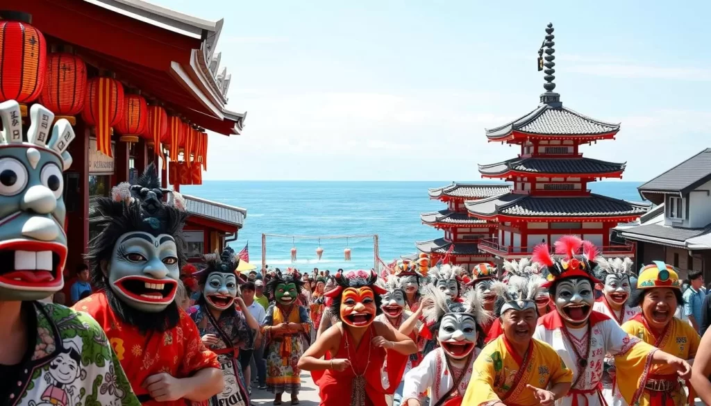 A vibrant summertime festival in the coastal town of Hyuga, Japan. In the bustling foreground, a lively parade of revelers dressed in colorful Hyottoko masks and outfits perform a traditional dance, their exaggerated facial expressions and lively movements evoking a sense of humor and playfulness. The middle ground features a backdrop of traditional Japanese architecture, with ornate shrines and pagodas adorned with lanterns and streamers, casting a warm, festive glow. In the background, a scenic seascape with gentle waves lapping at the shore, framed by a cloudless azure sky. The overall scene conveys a joyous, immersive celebration of local culture and tradition on a beautiful summer day.