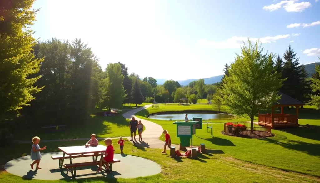 A vibrant, sun-dappled scene of a family-friendly park in Hartford, Vermont. In the foreground, children play on a colorful playground, their laughter echoing through the air. A picnic table nearby invites visitors to enjoy a mid-day meal amidst the lush greenery. The middle ground features a winding path, lined with towering trees, where families stroll hand-in-hand, taking in the natural beauty. In the background, a serene pond reflects the azure sky, with a gazebo offering a tranquil respite. Warm, golden lighting bathes the entire scene, creating a welcoming and inviting atmosphere for all to enjoy.