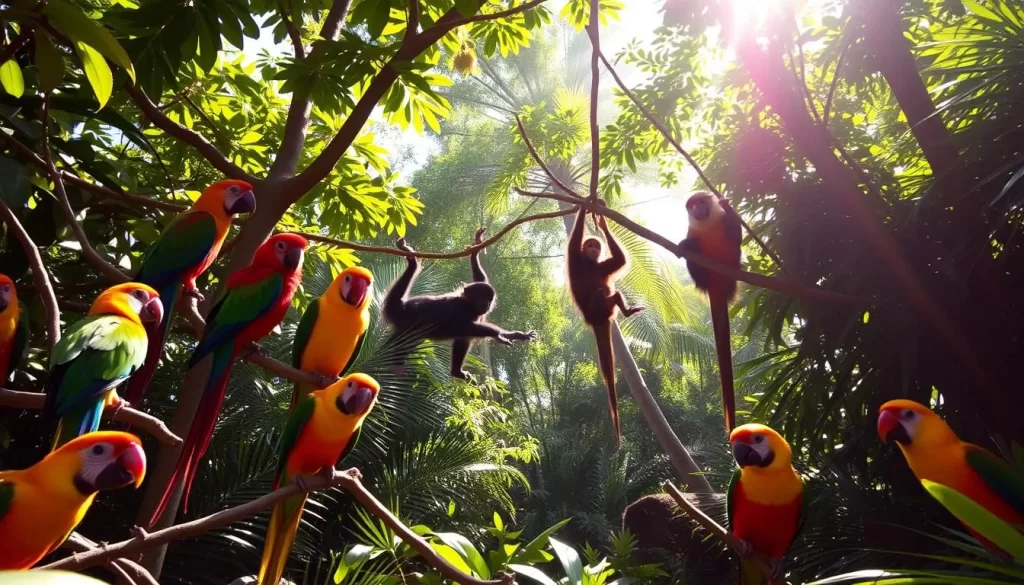 A vibrant, sun-dappled scene of the lush Puerto Viejo rainforest. In the foreground, a colorful array of tropical birds perched on branches, their iridescent plumage catching the soft light. In the middle ground, a group of playful monkeys swinging from vines, their curious faces peering out. In the background, a towering canopy of verdant foliage, with sunbeams filtering through the leaves. Capture the essence of Puerto Viejo's abundant and diverse wildlife, showcasing the natural beauty and tranquility of this Costa Rican paradise.