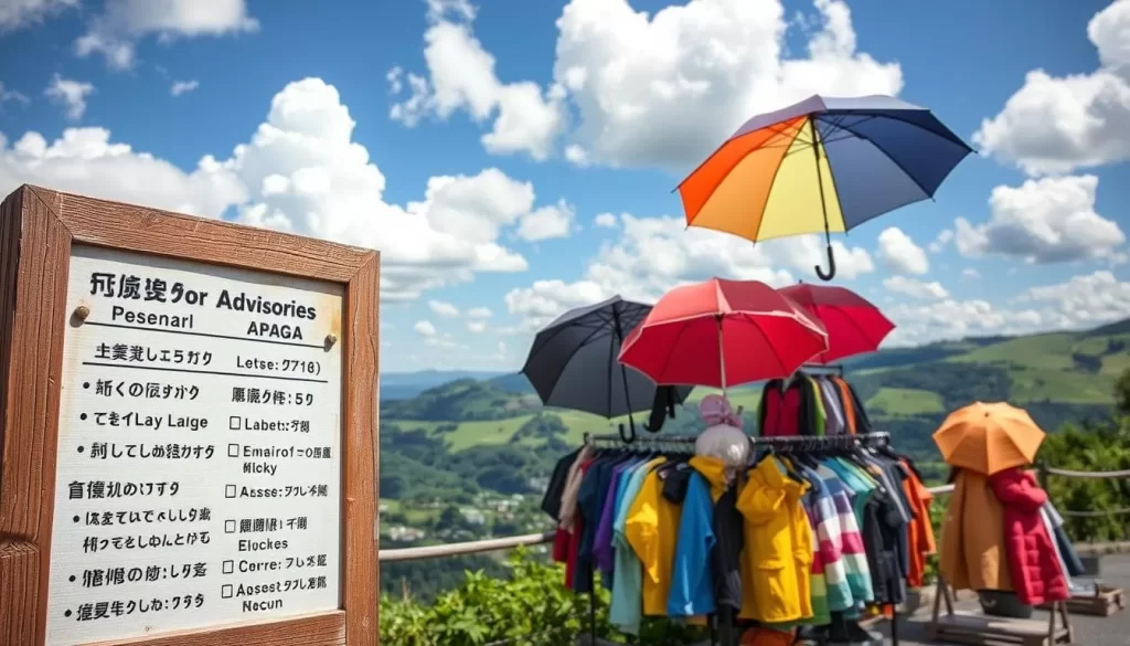 A vibrant, sun-dappled scene showcasing various weather advisories for Saga Prefecture, Japan. In the foreground, a weathered wooden sign outlines seasonal packing tips, its surface gently weathered by the elements. The middle ground features a display of colorful umbrellas, rain jackets, and other weather-appropriate attire, inviting travelers to prepare for the changing conditions. In the background, a picturesque landscape unfolds, with rolling hills, lush greenery, and a clear, azure sky punctuated by fluffy white clouds. The overall atmosphere conveys a sense of anticipation and readiness, perfectly capturing the essence of the "Preparing for Your Trip: Packing Tips by Season" section.