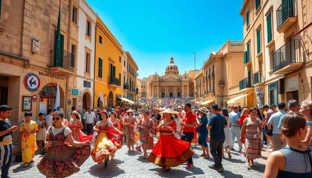 A vibrant, sun-drenched scene of Malta's lively festival atmosphere. In the foreground, a colorful procession of traditional dancers and musicians winds through the narrow, cobbled streets, their flowing costumes and lively rhythms filling the air. In the middle ground, crowds of locals and tourists alike gather, chatting and laughing as they enjoy the festivities. In the background, the iconic baroque architecture of Malta's historic buildings provides a picturesque backdrop, their warm, golden hues accented by the bright Mediterranean light. Capture the joyous energy, rich cultural heritage, and festive spirit that define Malta's vibrant festival scene.