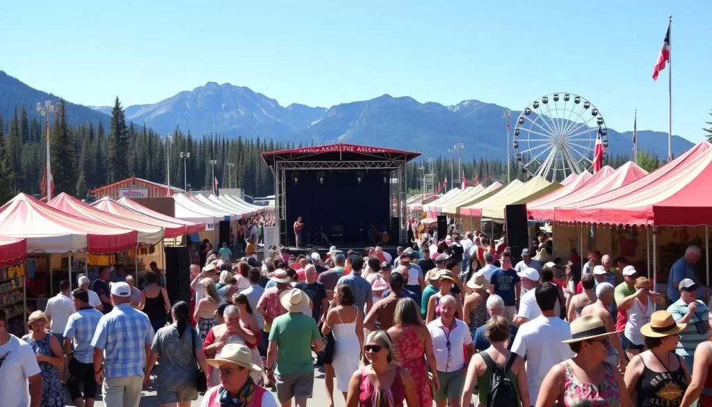 A vibrant, sun-drenched scene of a Canadian summer festival, set against a backdrop of majestic mountains and a clear blue sky. In the foreground, a bustling crowd wanders through colorful vendor stalls, browsing handcrafted goods and sampling local delicacies. In the middle ground, a lively performance stage showcases traditional music and dance, with spectators gathered around, clapping and swaying to the infectious rhythms. In the distance, a Ferris wheel and other amusement park rides rise above the crowd, hinting at the thrilling carnival atmosphere. The overall mood is one of joy, community, and a celebration of Canadian cultural heritage.