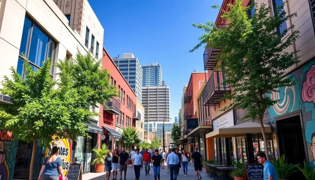 A vibrant, sun-drenched street in the heart of Los Angeles' Arts District, lined with colorful murals, independent galleries, and trendy cafes. In the foreground, people stroll along the sidewalk, admiring the striking artwork adorning the building facades. A mix of modern and vintage architecture frames the scene, with lush greenery and a clear blue sky overhead. The atmosphere is lively and inviting, capturing the creative energy and community spirit that define this hidden gem of downtown LA.