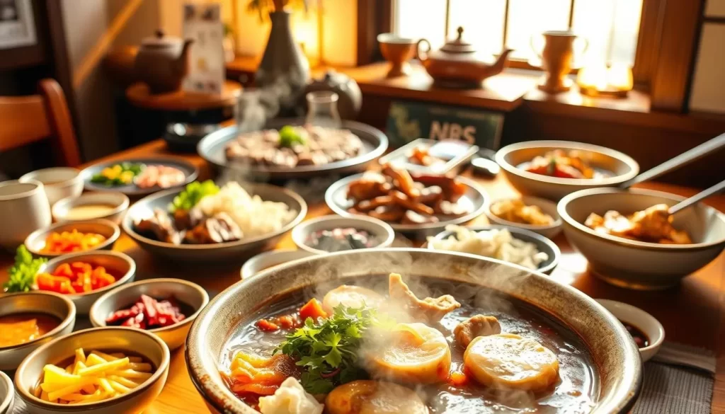 A vibrant table setting showcasing an array of authentic Korean dishes, bathed in warm, natural light. In the foreground, a steaming bibimbap bowl with perfectly arranged ingredients, accompanied by banchan side dishes such as kimchi, namul, and japchae. In the middle ground, a sizzling bulgogi platter and a bowl of savory japchae noodles. In the background, a traditional Korean teapot and cups, along with a decorative element like a ceramic vase or traditional artwork. The scene exudes a cozy, homely atmosphere, inviting the viewer to savor the flavors of Korean cuisine.