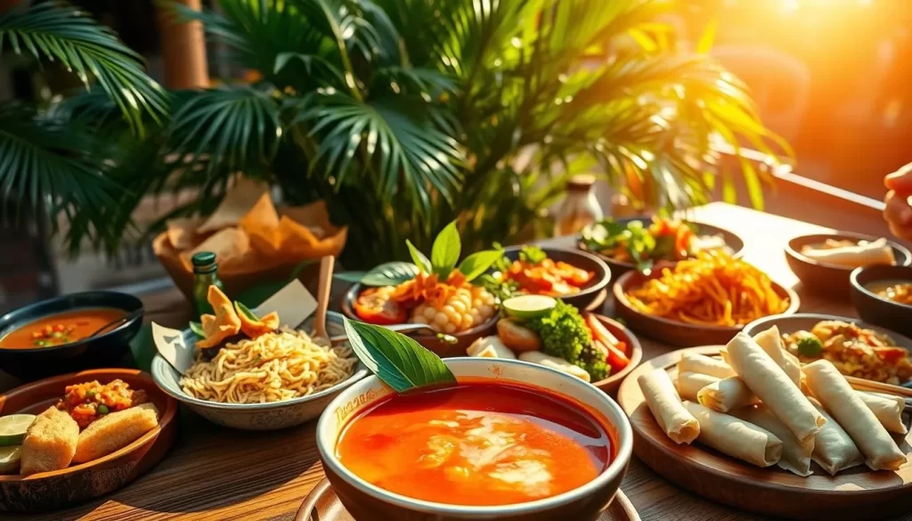 A vibrant tablescape showcasing an array of authentic Thai dishes set against a warm, sun-drenched backdrop. In the foreground, a steaming bowl of aromatic Tom Yum Goong soup, its crimson broth glistening. Surrounding it, a medley of colorful curries, fragrant Pad Thai, and delicate spring rolls, all presented on rustic wooden platters. In the middle ground, lush tropical foliage frames the scene, hinting at the lively atmosphere of a bustling Bangkok street market. The lighting is soft and natural, casting a golden glow over the vibrant, mouthwatering spread, evoking the rich culinary heritage of Thailand and the festive, celebratory mood of a New York City Thai food renaissance.