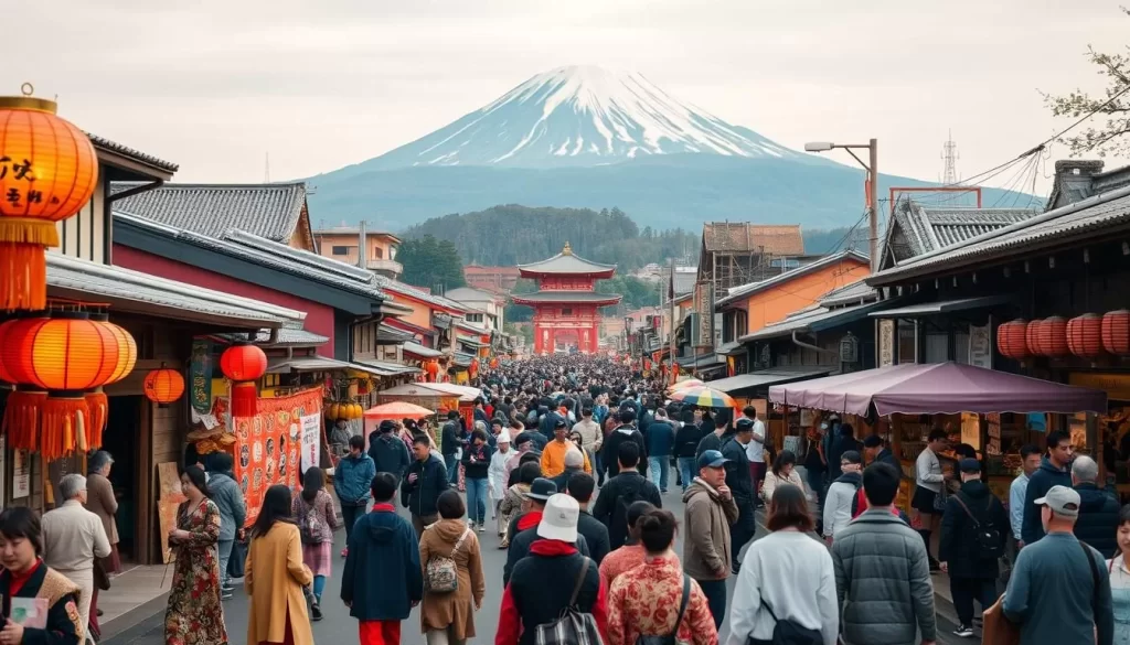 A vibrant tapestry of seasonal festivals in Wakayama, Japan. In the foreground, colorful processions of traditionally-dressed locals carrying ornate lanterns and banners wind through the streets. In the middle ground, lively markets and food stalls offer a tantalizing array of local delicacies. In the background, the iconic Mount Kōya looms majestically, its forested slopes blanketed in a soft, ambient light. The scene conveys the rich cultural heritage and festive spirit that permeates Wakayama throughout the year. Crisp, high-resolution photograph captured with a wide-angle lens to showcase the full grandeur of this vibrant celebration.