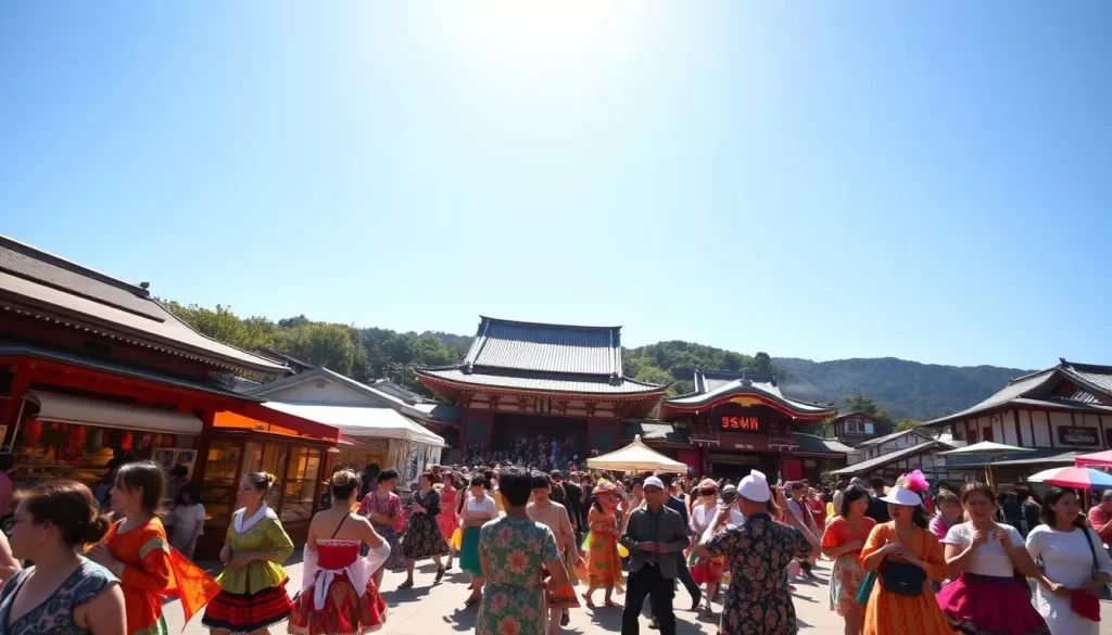 A vibrant, traditional Shimane festival scene under a clear blue sky. In the foreground, a lively parade of colorfully dressed dancers and musicians performing energetic, rhythmic routines. In the middle ground, festival stalls selling delicious local cuisine and handcrafted wares. In the background, the iconic Izumo Taisha Shrine stands tall, its elegant architecture and serene atmosphere offering a tranquil counterpoint to the festivities. Warm, golden sunlight filters through the scene, creating a joyful, celebratory mood. Capture the essence of this annual cultural celebration in Shimane with a sense of movement, color, and community.