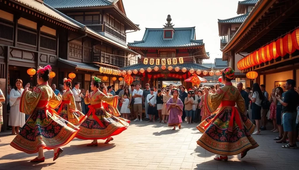 A vibrant traditional festival in Okayama, Japan. In the foreground, a group of performers in colorful, ornate costumes dance gracefully, their movements flowing like a well-choreographed ballet. In the middle ground, a lively crowd watches, captivated by the mesmerizing performance. In the background, traditional wooden architecture and festival lanterns create a warm, inviting atmosphere. The scene is bathed in the soft, golden light of a pleasant day, casting a magical glow over the entire spectacle. Capture the essence of Okayama's rich cultural heritage through this immersive, visually stunning depiction of a traditional festival performance.