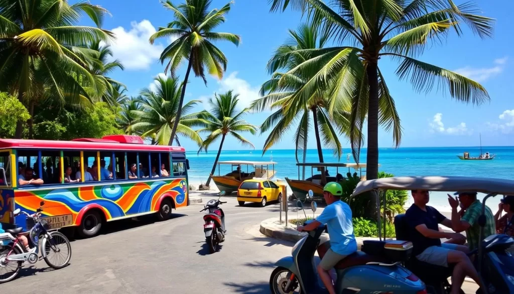 A vibrant tropical scene in Cahuita, Costa Rica, showcasing the diverse modes of transportation. In the foreground, a colorful local bus navigates the winding streets, its passengers gazing out the windows. Bicycles and mopeds dot the scene, their riders enjoying the warm, sunny day. In the middle ground, a few taxis wait patiently for their next fare, their drivers conversing under the shade of swaying palm trees. In the background, the crystal-clear Caribbean Sea glistens, with a traditional wooden fishing boat bobbing gently in the calm waters. The overall atmosphere is one of relaxation and easy-going mobility, capturing the essence of transportation in this charming coastal town.
