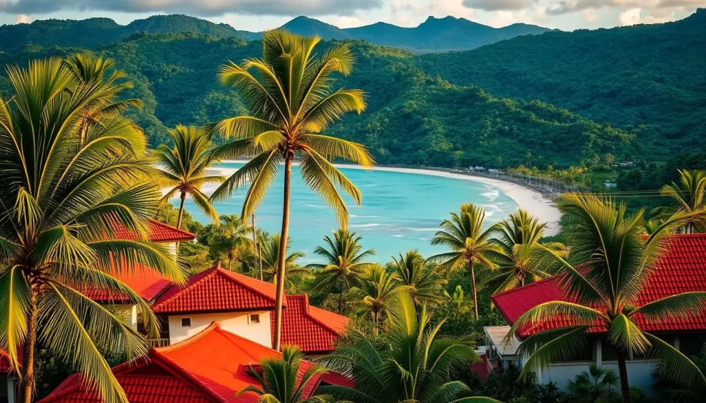 A vibrant tropical scene of Okinawa, Japan. In the foreground, traditional Okinawan architecture with red-tiled roofs and white walls nestled among lush, verdant palm trees. In the middle ground, a picturesque coastal landscape with turquoise waters and pristine sandy beaches. In the background, rolling hills covered in dense, verdant foliage. Warm, soft lighting bathes the scene, creating a tranquil and serene atmosphere. The overall composition captures the essence of Okinawa's unique cultural heritage and natural beauty.