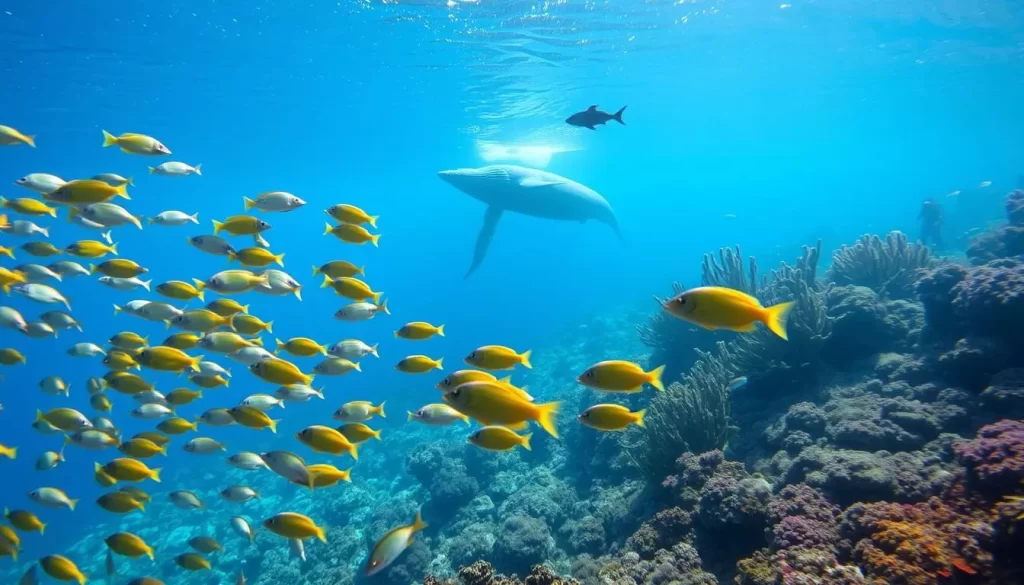 A vibrant underwater scene in the Belcher Islands, Nunavut, teeming with diverse marine life. In the foreground, schools of colorful fish dart through the crystal-clear waters, their scales shimmering in the soft, natural light. In the middle ground, a majestic gray whale breaches the surface, casting a mesmerizing silhouette against the azure backdrop. The background features a rich tapestry of kelp forests and coral reefs, home to a myriad of invertebrates and other aquatic creatures. The overall atmosphere is one of tranquility and wonder, capturing the essence of the Belcher Islands' vibrant underwater ecosystem.