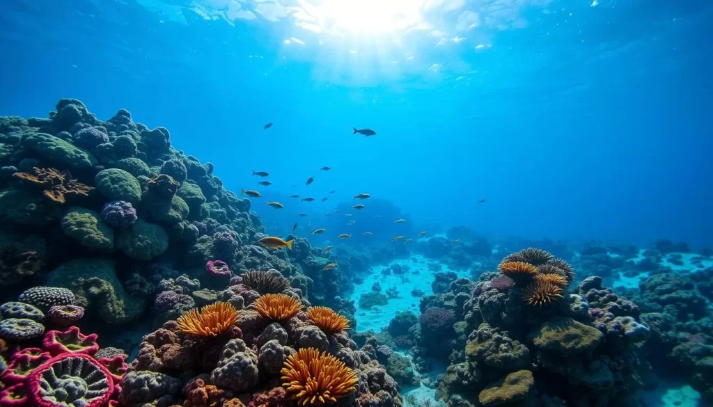 A vibrant underwater seascape, capturing the beauty of a thriving coral reef in the crystal-clear waters of Roatán Island. In the foreground, a kaleidoscope of colorful corals and marine life, with schools of tropical fish swimming gracefully among the intricate structures. The middle ground features a gently sloping seafloor, dotted with sponges and sea fans that sway in the gentle current. In the background, the sunlight filters through the surface, creating a warm, inviting glow that illuminates the entire scene. The composition should convey a sense of tranquility and wonder, reflecting the unique natural beauty of this Caribbean paradise.