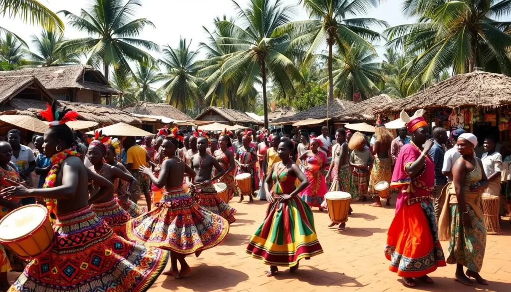A vibrant village square in Zambia, bustling with colorful festivals. In the foreground, intricately costumed dancers twirl and sway to the rhythm of traditional drums, their beaded garments shimmering in the warm sunlight. In the middle ground, merchants hawk their wares - handcrafted masks, vibrant textiles, and fragrant spices. The background is filled with thatched-roof huts and towering palms, casting dappled shadows across the lively scene. The atmosphere is one of joyous celebration, as locals and visitors alike immerse themselves in the rich cultural heritage of Zambia.