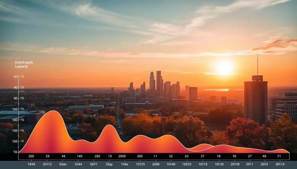 A vibrant visualization of Grand Rapids' seasonal climate, showcased through a series of meticulously crafted vignettes. In the foreground, a thermal gradient chart elegantly displays the temperature fluctuations across the four seasons, from the brisk winters to the sun-drenched summers. The middle ground features a panoramic view of the city skyline, bathed in the warm, golden light of an autumnal afternoon. In the background, a dynamic timeline depicts the monthly precipitation levels, with delicate snowflakes drifting through the crisp winter air and lush foliage bursting forth in the springtime. The overall composition exudes a sense of balanced harmony, inviting the viewer to immerse themselves in the captivating climate of Grand Rapids.