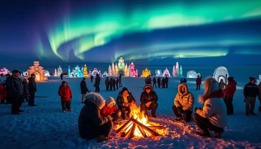 A vibrant winter celebration in Nunavut's Arctic landscape. In the foreground, a group of people gather around a crackling fire, their traditional parkas and mukluks glowing in the warm firelight. In the middle ground, colorful ice sculptures and snow structures stand tall, their intricate designs casting mesmerizing shadows. The background is a breathtaking panorama of the northern lights, the Aurora Borealis dancing across the inky night sky, bathing the scene in an ethereal, otherworldly glow. The atmosphere is one of joy, community, and a deep appreciation for the beauty and harshness of the Arctic winter.