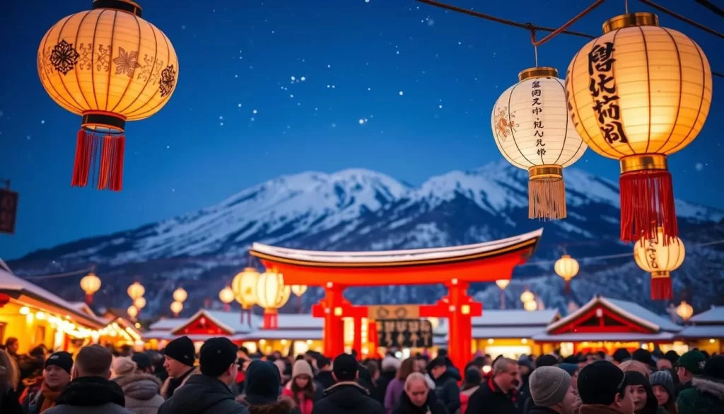 A vibrant winter festival in Kyōto, Japan. In the foreground, a lively crowd gathers around a traditional red wooden structure, its warm lighting casting a cozy glow. In the middle ground, ornate paper lanterns sway gently in the crisp air, their soft hues reflecting on the freshly fallen snow. In the background, the majestic silhouettes of snow-capped mountains rise against a deep indigo sky, adding an ethereal quality to the scene. The atmosphere is festive and serene, with a blend of modern and ancient elements that capture the essence of a Kyōto winter celebration.