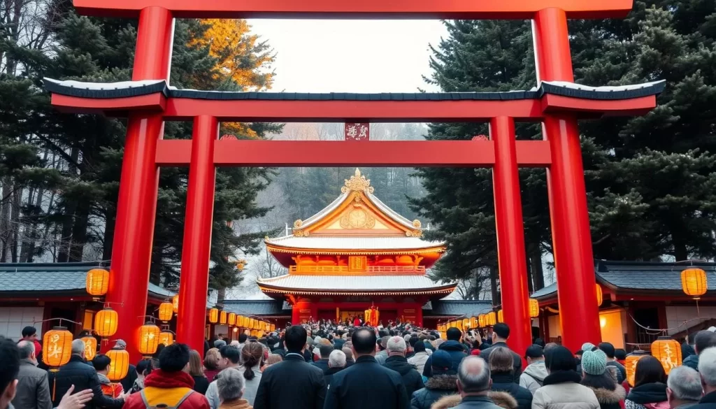 A vibrant winter scene at Ibaraki Shrine, Japan. The shrine's iconic red lacquered gates stand tall, framing a lively New Year's celebration. In the foreground, people in traditional attire gather, carrying colorful lanterns and paper streamers. In the middle ground, a throng of revelers bows reverently before the shrine's ornate architecture, bathed in warm, golden light. Lush evergreen trees line the background, creating a serene, nature-infused atmosphere. The air is crisp, the mood festive, as the community comes together to welcome the new year with time-honored rituals and joyous revelry.