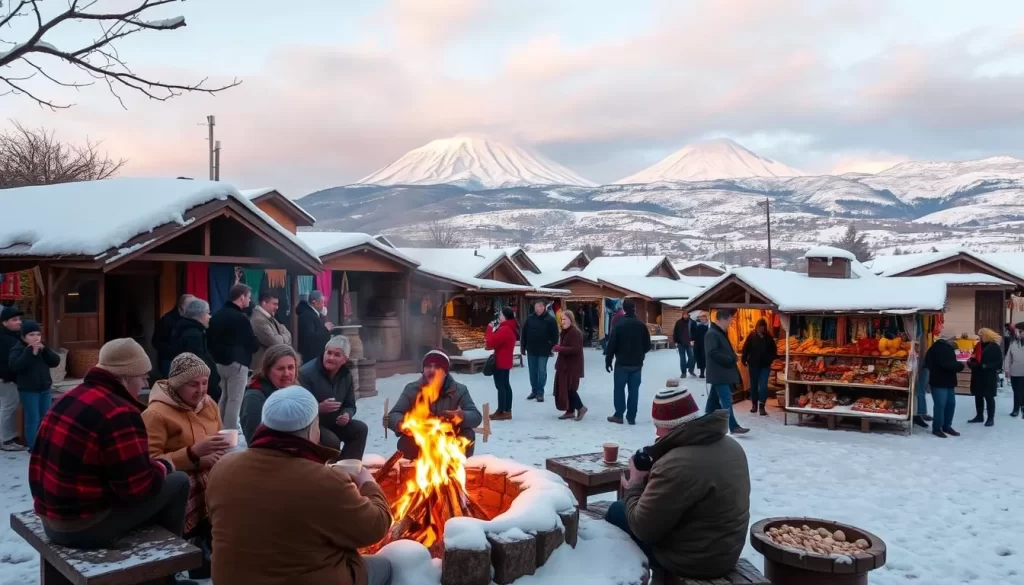 A vibrant winter scene in the highlands of Guatemala, a cozy village blanketed in a soft layer of snow. In the foreground, locals gather around a crackling fire, sipping steaming cups of traditional hot chocolate and exchanging lively conversation. The middle ground features a bustling market, stalls overflowing with handcrafted textiles, intricate wood carvings, and fragrant spices. In the background, snow-capped volcanoes rise majestically, their peaks glistening under the warm glow of the setting sun. The atmosphere is one of celebration, community, and the rich cultural traditions that define the Guatemalan winter experience.
