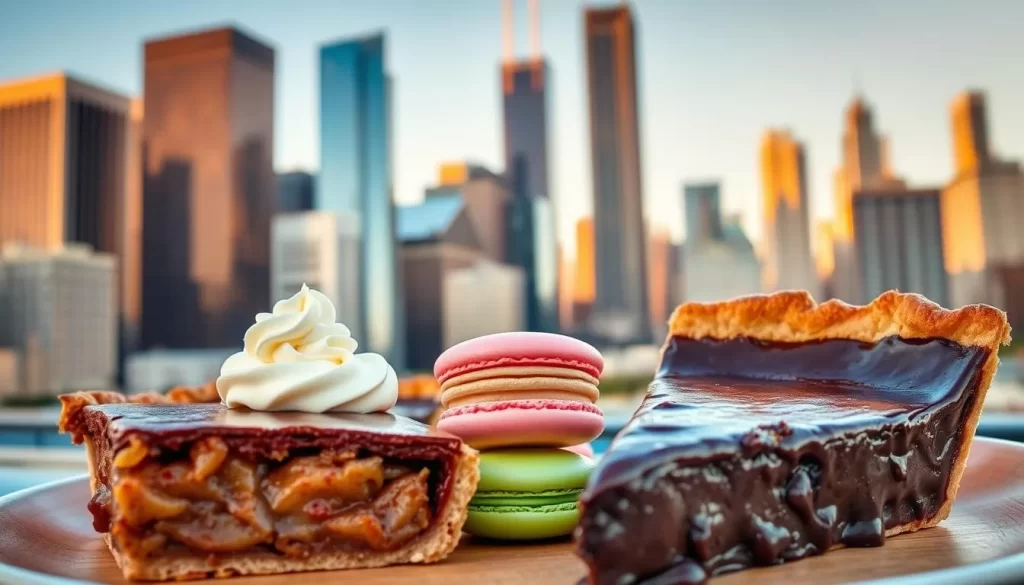 A visually enticing array of Chicago's finest desserts, showcased against the iconic skyline. In the foreground, a decadent deep-dish chocolate pie, its rich, glossy filling topped with a dollop of whipped cream. Beside it, a slice of flaky, buttery deep-dish apple pie, the cinnamon-spiced apples peeking through a golden crust. In the middle ground, a trio of colorful macarons - vibrant hues of pink, green, and blue - artfully arranged. In the background, the towering skyscrapers of the Chicago cityscape, bathed in warm, golden-hour light, creating a welcoming, inviting atmosphere. The overall scene captures the perfect balance of Chicago's renowned culinary prowess and its iconic architectural landscape.