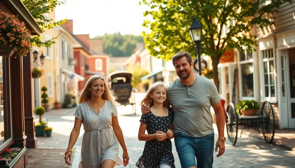 A warm summer day at Avonlea Village, Prince Edward Island. A family of four - parents and two children - strolling along the picturesque main street, admiring the quaint, historic buildings and storefronts. The children's faces light up with excitement as they take in the charming, pastoral scene. Soft, natural lighting filters through the trees, casting a golden glow over the village. In the background, a horse-drawn carriage clip-clops down the cobblestone road, adding to the timeless, idyllic atmosphere. The family pauses to window-shop, their expressions conveying a sense of wonder and delight as they immerse themselves in the nostalgic ambiance of Avonlea.